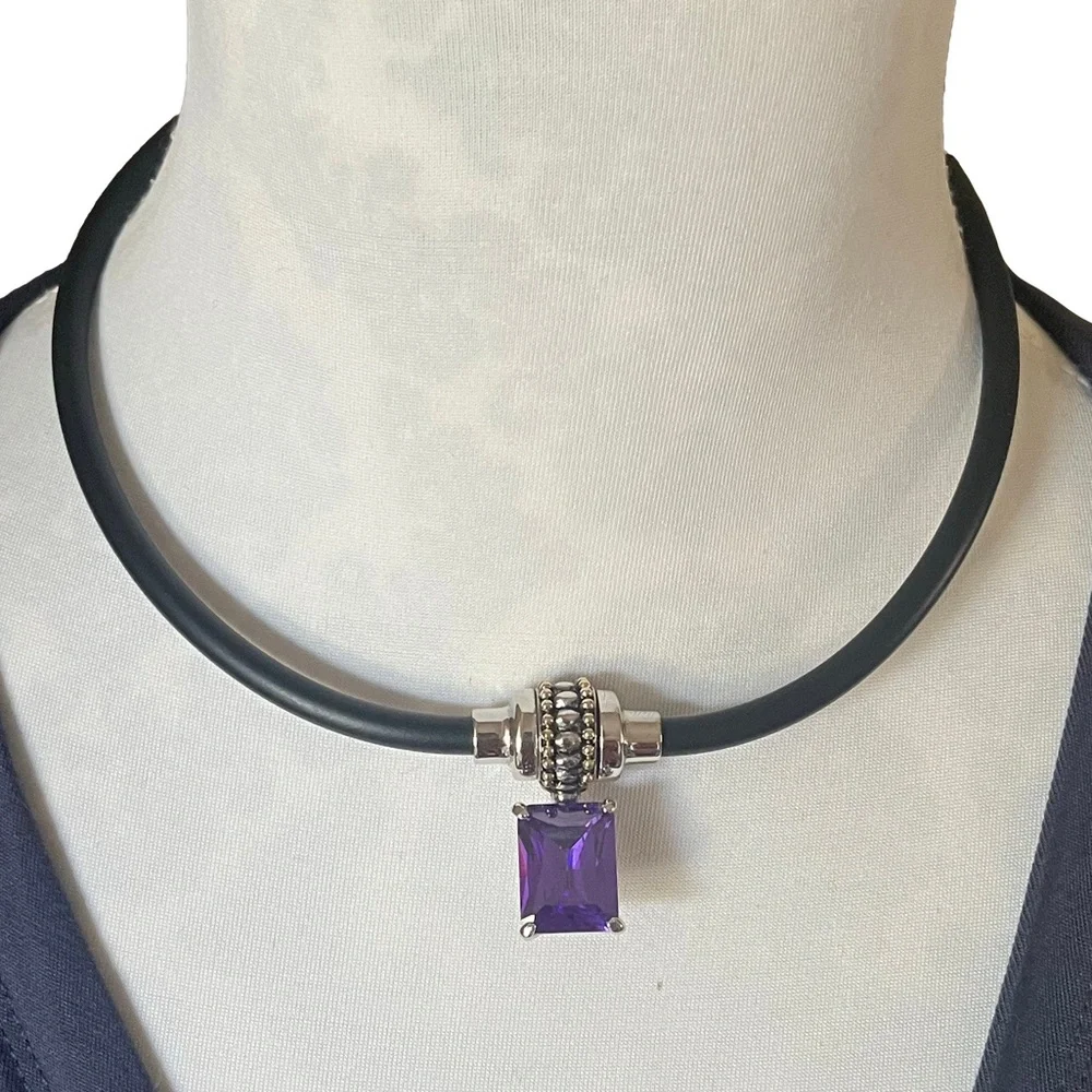 Black Choker Necklace Purple Crystal & Silver Tone Pendant